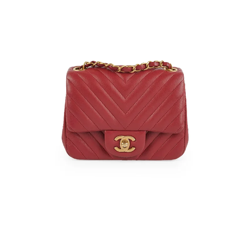 cream satin handbag-Chanel Mini Square Chevron Lambskin Red Crossbody Bag