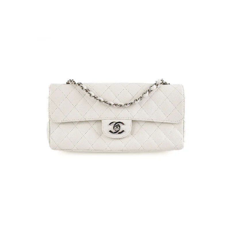 beige canvas handbag-Chanel White Caviar East West Flap Shoulder Bag