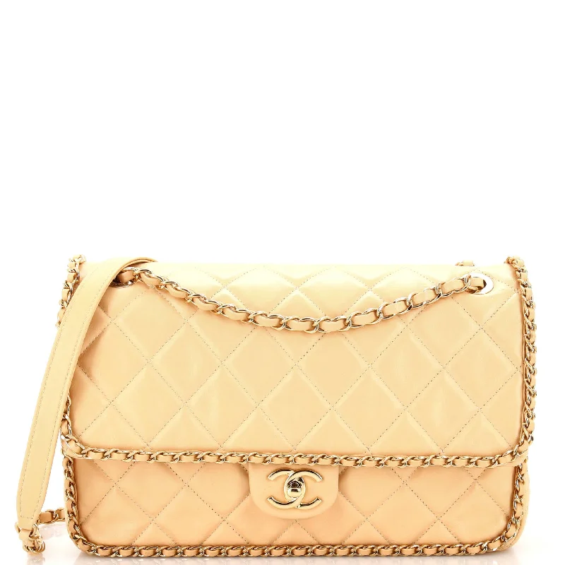 embroidered straw shoulder bag-Running Chain Around Flap Bag Quilted Crumpled Calfskin Large