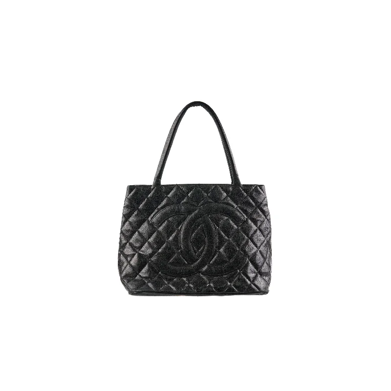 boho velvet handbag-Chanel Medallion Caviar Tote Black