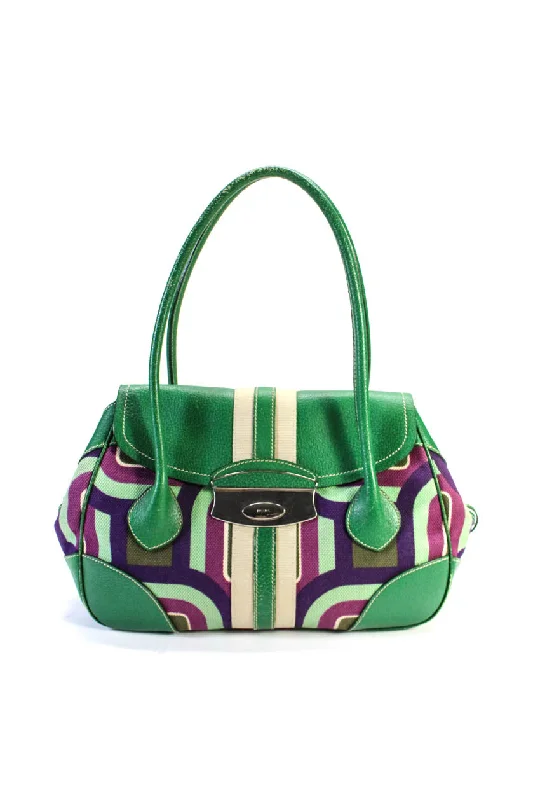 brown satin shoulder bag-Prada Womens Patchwork Striped Print Push Lock Flapped Shoulder Handbag Green