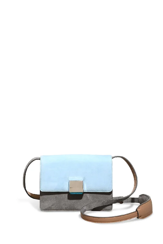 chic metallic shoulder bag-Mercedes Shoulder Bag in Grey, Light Blue & Nude Suede and Nappa Leather