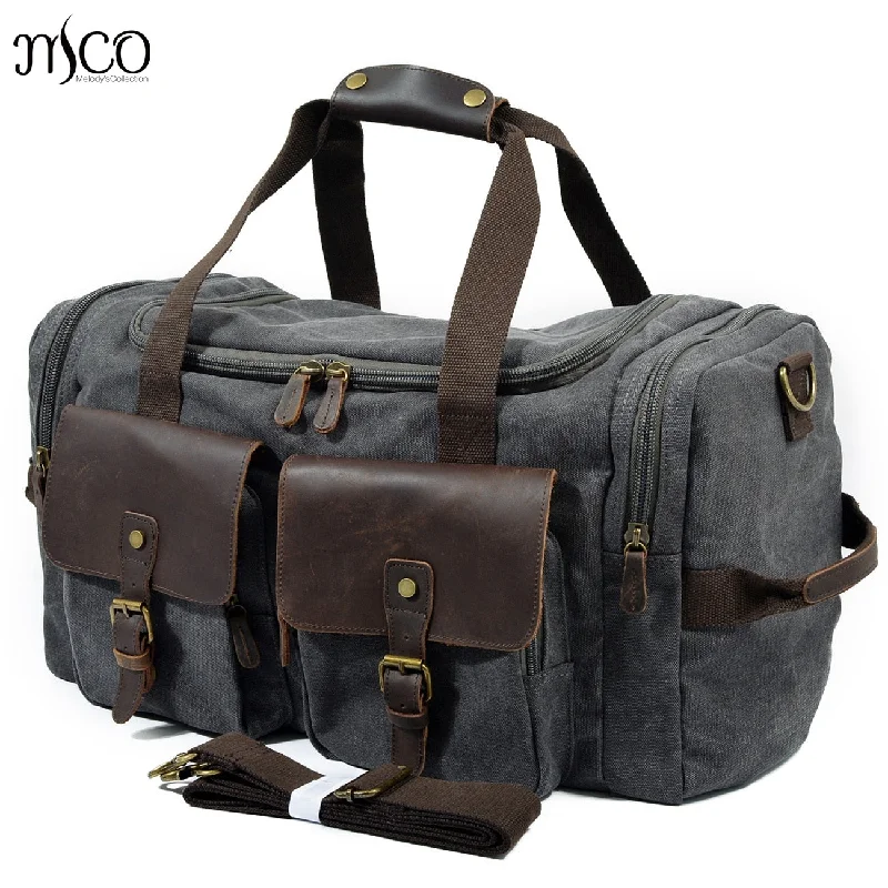 soft duffel bags for light travel -Man Vintage Military Travel Duffel Bag Multi-Pocket Canvas Overnight Bag Leather Weekend Carry On