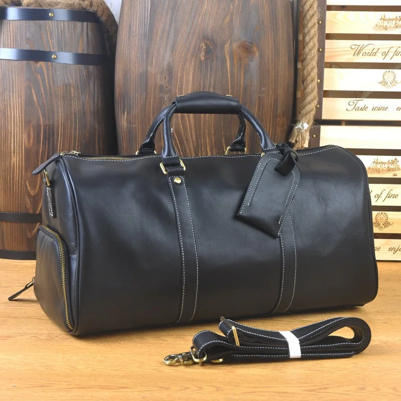 trendy duffel bags for cool teens -Genuine Leather Travel Bag Men Fashion Black Travel Duffel Bag Big Cow Leather Carry On Luggage