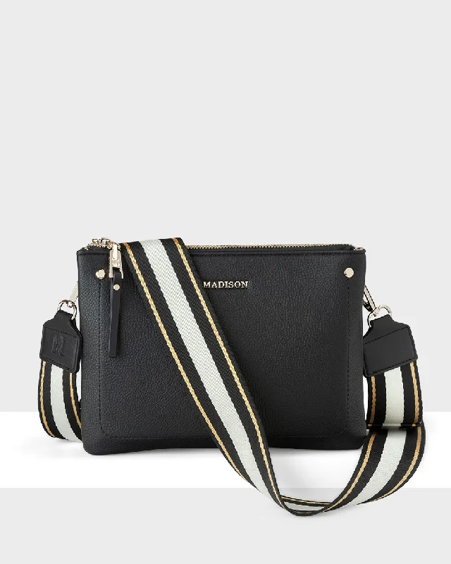 premium leather crossbody bag-premium leather crossbody bagCharlotte Double Zip Crossbody Bag + Metallic Stripe Bag Strap