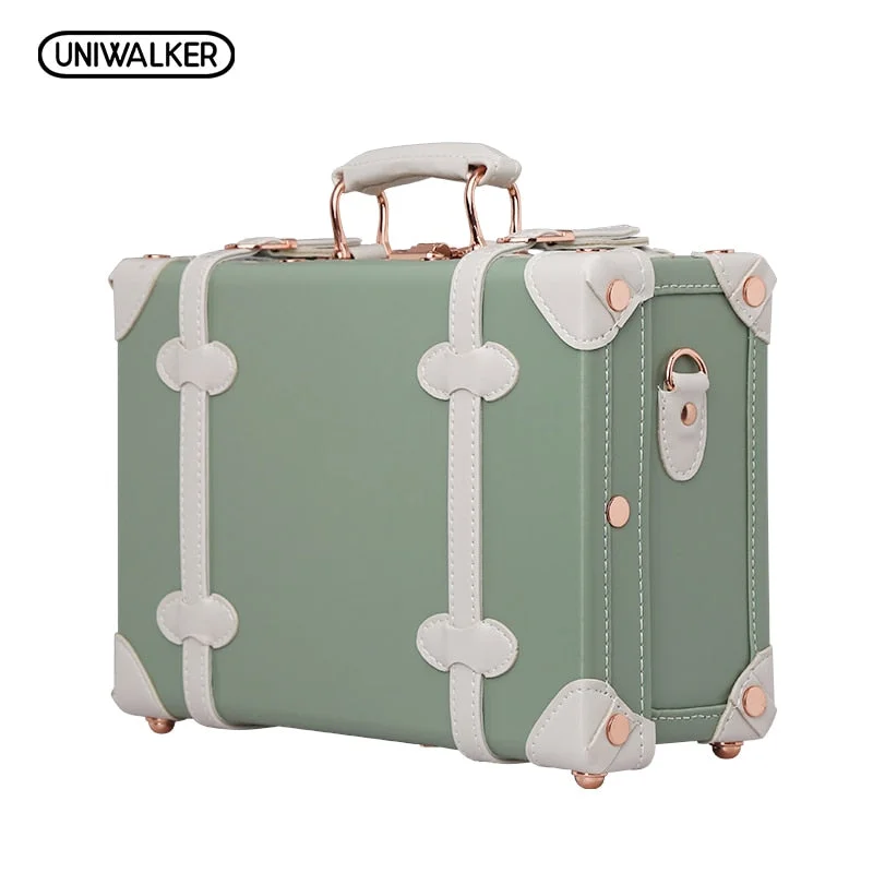 expandable suitcase for extra space -Uniwalker 12" Matcha Green Waterproof Vintage Luggage Small Suitcase Floral Decorative Box With