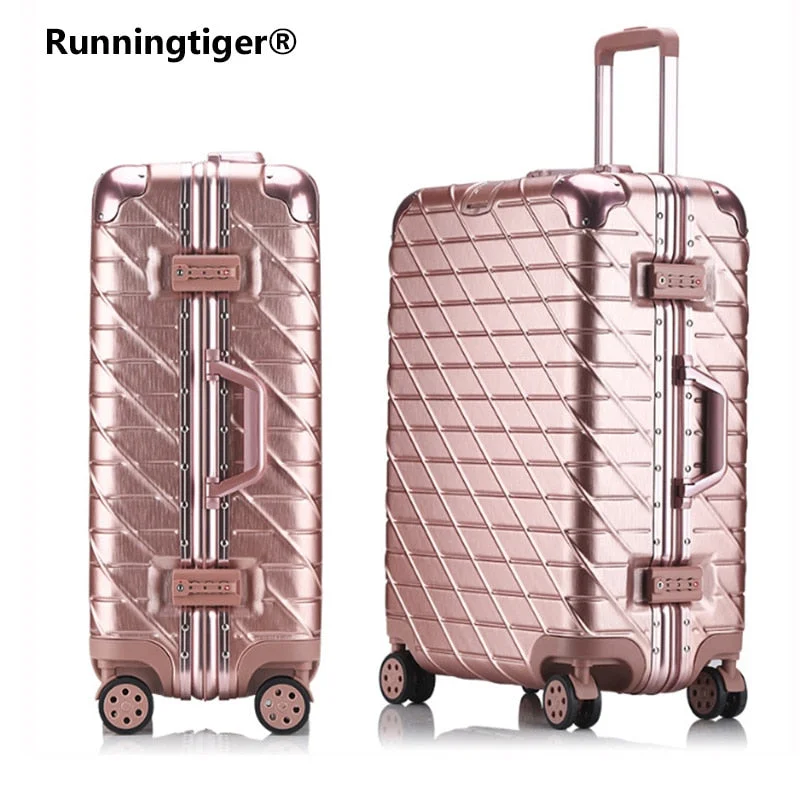 practical suitcase for family use -Aluminum Frame Travel Luggage 20"24"29" Travel Suitcase Woman Suitcase Metal Wrap Angle Drawing