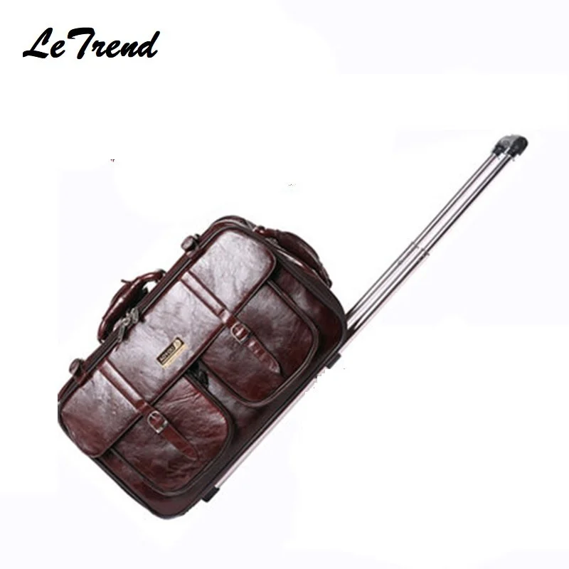 wheeled suitcase for convenience -Pu Business Men Business Travel Bag Multi-Function Suitcase Leather Carry On Women Rolling