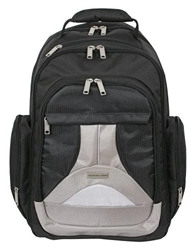 rugged backpack for tough travel -Geoffrey Beene Tech Backpack, Black/Gray Trim