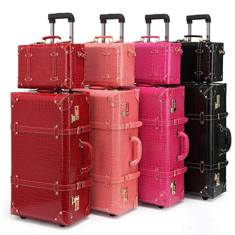 soft shell suitcase for easy use -Retro Suitcase Set Red Trolley Case Female Cosmetic Suitcase Universal Wheel Dowry Box Bride