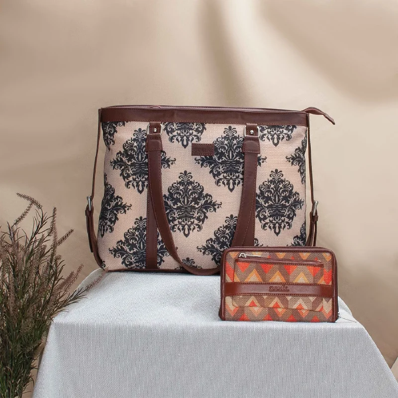 structured everyday purses & wallets-structured everyday purses & walletsMughal Motif & Tidal Wave - Women's Office Bag & Classic Zipper Wallet Combo