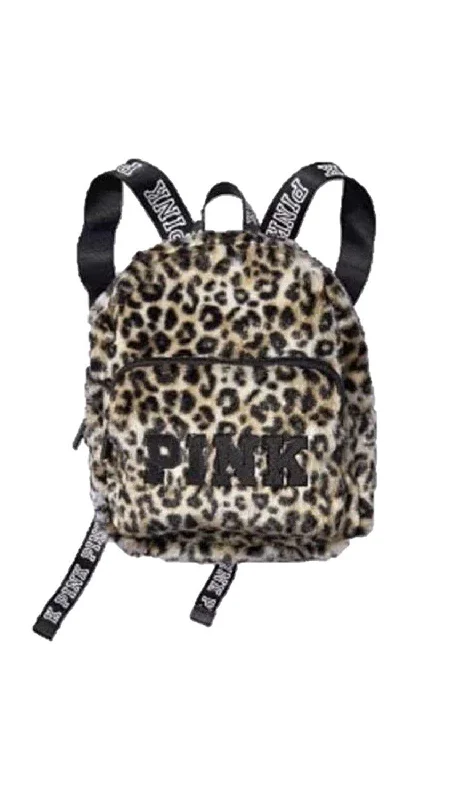 foldable backpack for easy storage -Victoria's Secret Mini Backpack Pink Leopard Faux Fur Animal Print