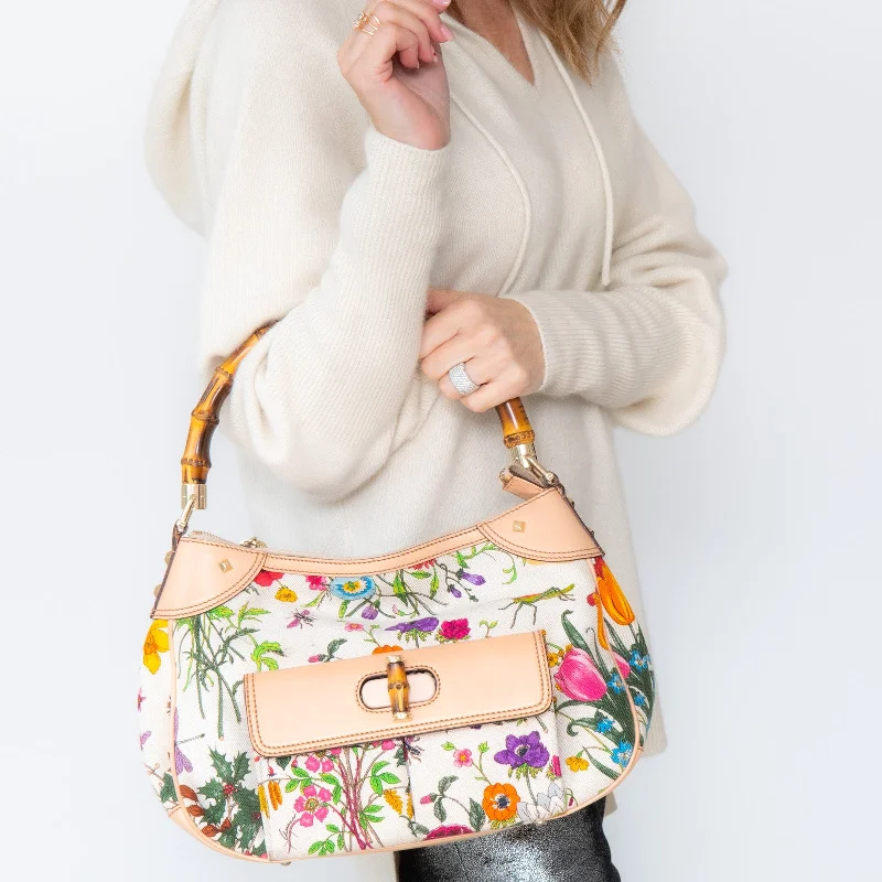 soft pink shoulder bag-Gucci Bamboo Handle Floral Canvas Shoulder Bag