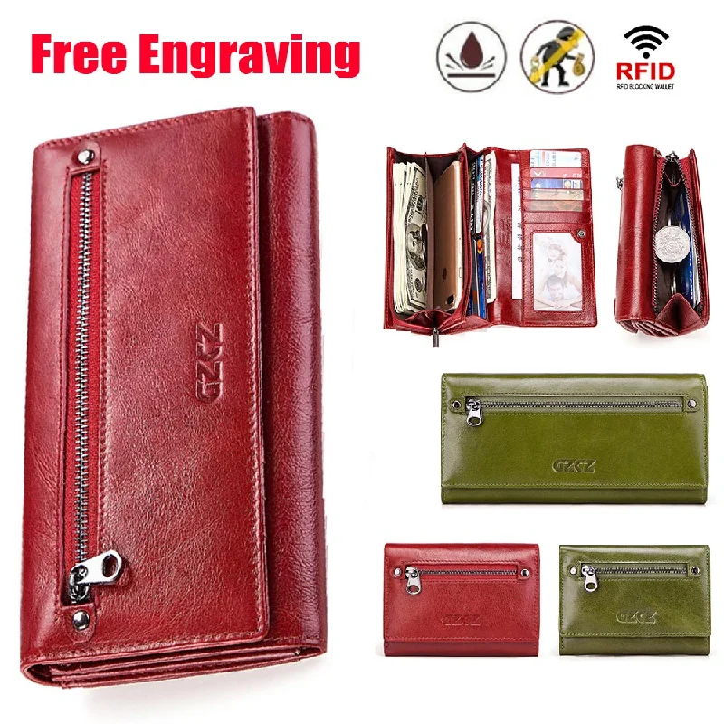 vintage coin purses & wallets-vintage coin purses & walletsGzcz Free Engraving Women Genuine Leather Wallets Bifold Rfid Wallet Female Zipper Poucht Long