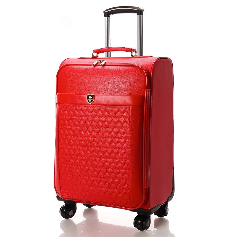 portable suitcase for short stays -Wholesale!Women 16 18 20 22 24Inches Red Pu Leather Married Luggage Box On Universal Wheels,Girl