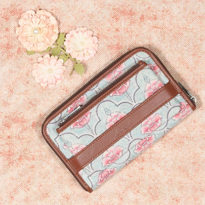 waterproof nylon purses & wallets-waterproof nylon purses & walletsKarur Aquamarine Floral Motif Classic Zipper Metal Wallet