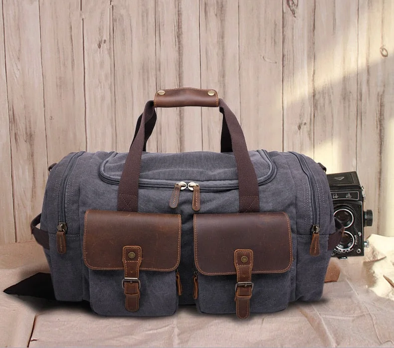 canvas duffel bags for retro travel -Canvas Leather Men Travel Bags Carry On Luggage Pocket Men Duffel Bags Tote Large Weekend Overnight