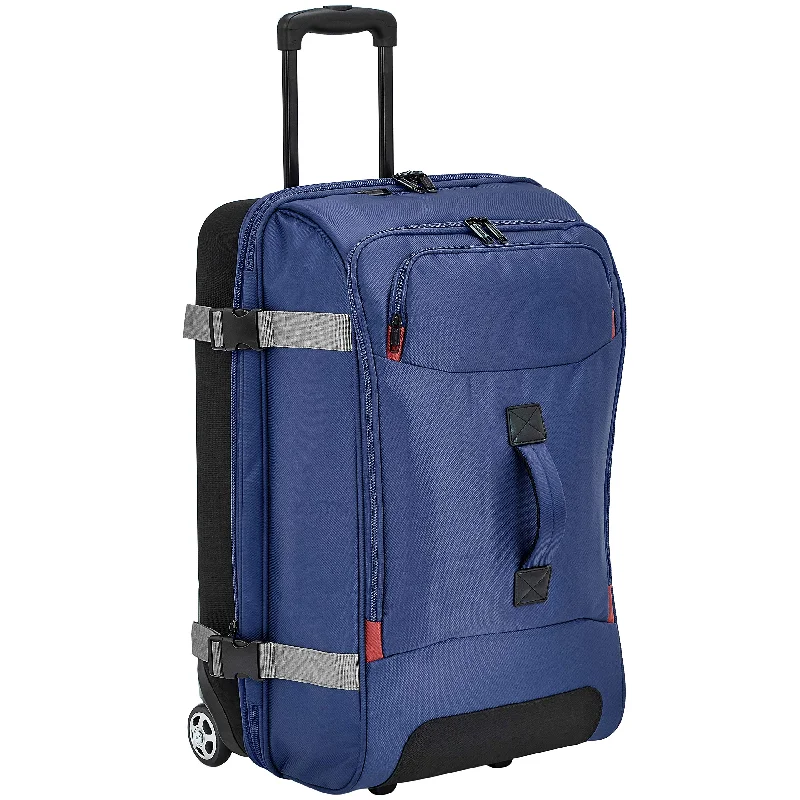 eco duffel bags for sustainable travel -AmazonBasics Rolling Travel Duffel Bag Luggage with Wheels, Medium, Blue