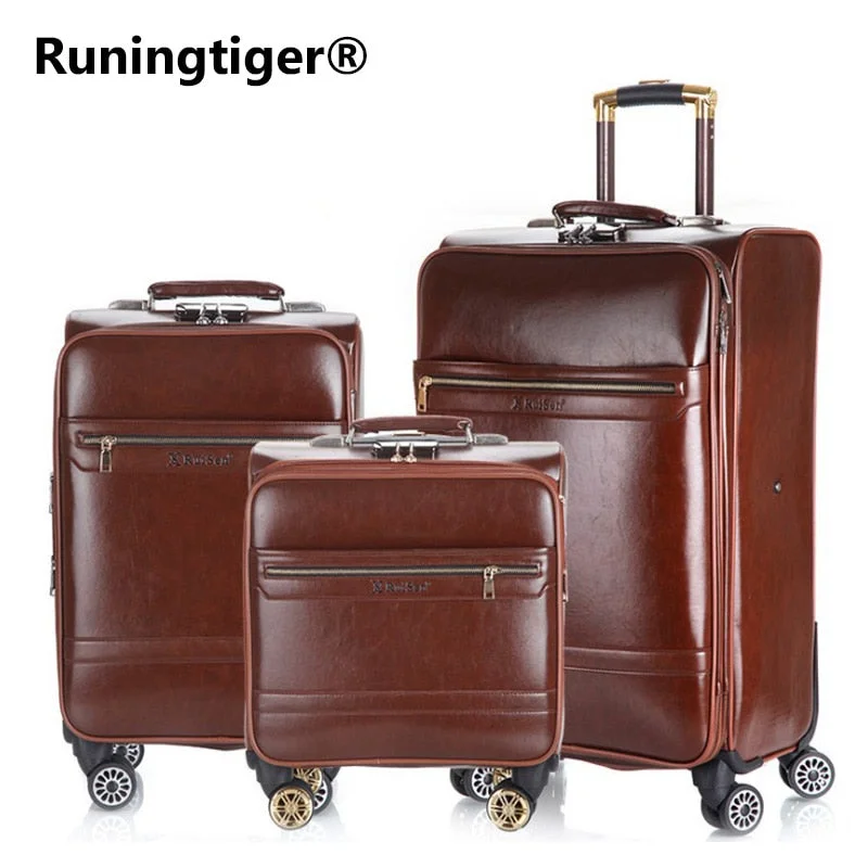 stylish suitcase for Instagram -Men'S And Women'S Travel Luggage Waterproof Pu Suitcase 16" 20" 24" Leather Travel Case Pulley Cart