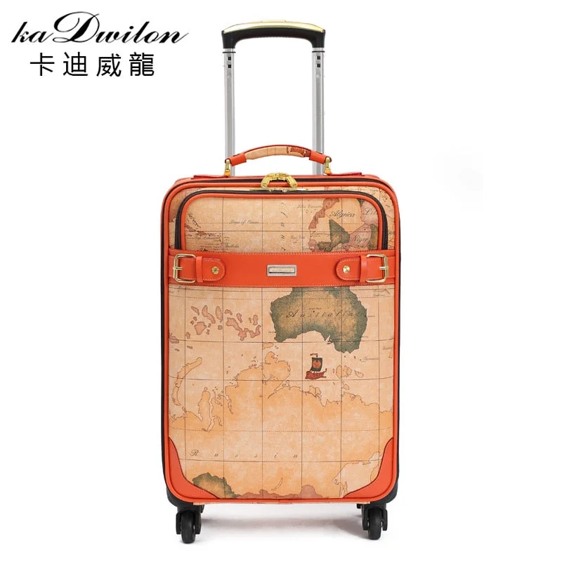 eco-friendly suitcase for sustainable travel -Vintage Commercial Trolley Luggage Travel Bag Universal Wheels World Map Bags Luggage,16 20