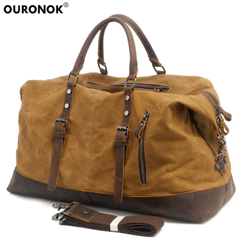 lightweight suitcase for flights -Ouronok Travel Bag Large Capacity Notebook Luggage Bags Waterproof Canvas Leather Men Travel Bags