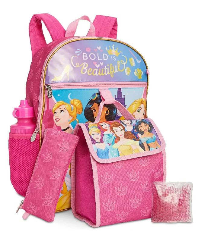 personalized backpack with prints -Disney Princess 16" Backpack And Lunch Box 5 Piece Kit Pencil Case Water Bottle Set