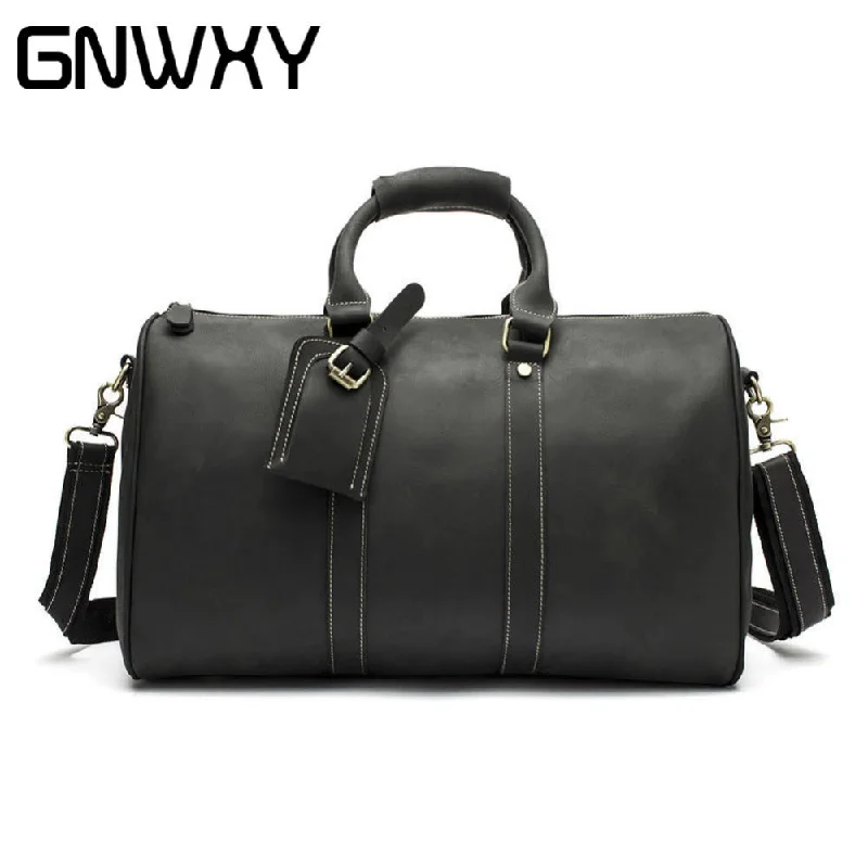 custom duffel bags for personal trips -Men Vintage Crazy Horse Leather Travel Bags Carry On Luggage Bags Genuine Leather Duffel Bags Large