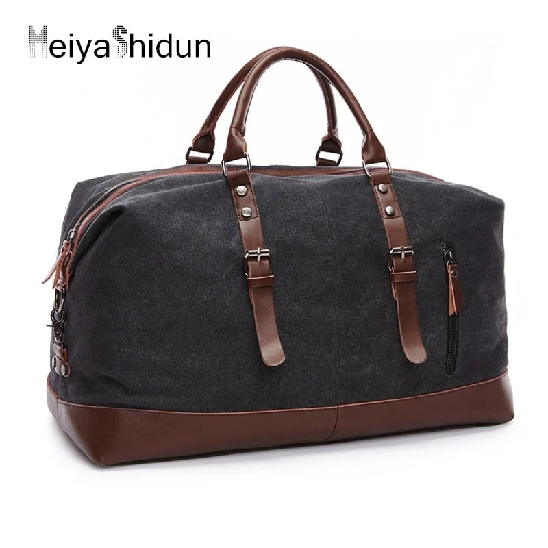 trendy duffel bags for hip travelers -Canvas Leather Handbag Men Travel Bags Carry On Luggage Bag Male Duffel Bags Women Tote Big Bag