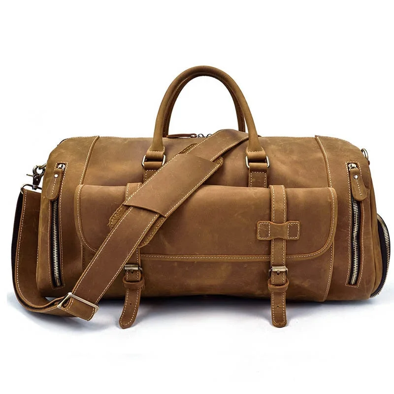 leather duffel bags for elegant trips -Crazy Horse Genuine Leather Travel Bag Men Vintage Travel Duffel Bag Big Cow Leather Carry On