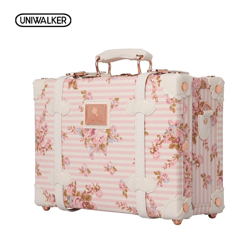 premium suitcase for elite travelers -Uniwalker 12" 13" Inch Waterproof Vintage Trunk Box Case Bag Luggage Small Suitcase Floral