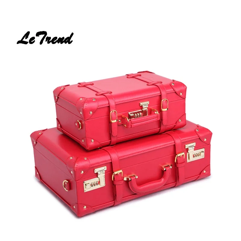 soft suitcase for adaptable packing -Letrend Red Wedding Suitcase Wheels Women Vintage Leather Trolley Travel Bag Student Password Trunk