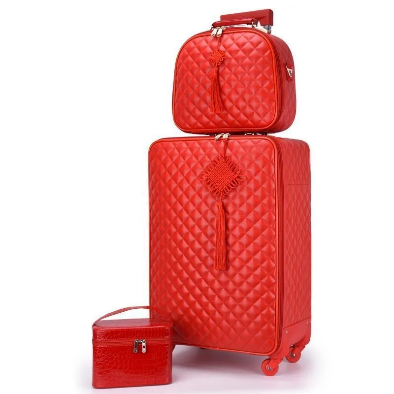 wheeled suitcase for long walks -Red Suitcase Wedding Trolley Case Woman Luggage Bride Dowry Box Classic Travel Suitcase Set Spinner