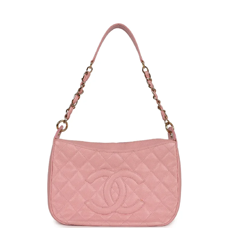 pink velvet shoulder bag-Vintage Chanel Timeless Shoulder Bag Pink Caviar Gold Hardware