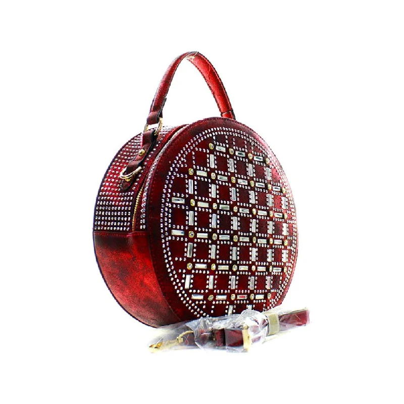 lightweight office purses & wallets-lightweight office purses & walletsRhinestone Studded Red Vegan Leather Round Handbag With Matching Zippered Wallet