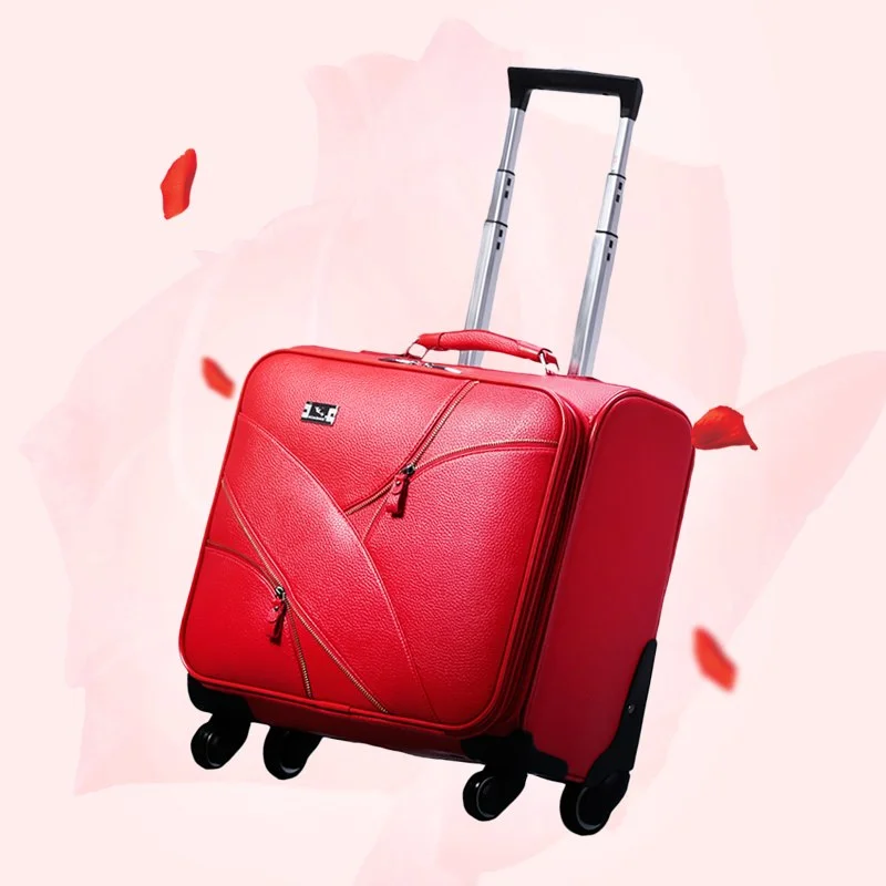 small suitcase for short flights -Vintage Red Married Pu Leather Travel Luggage,Female Trolley Luggage Bag On Universal