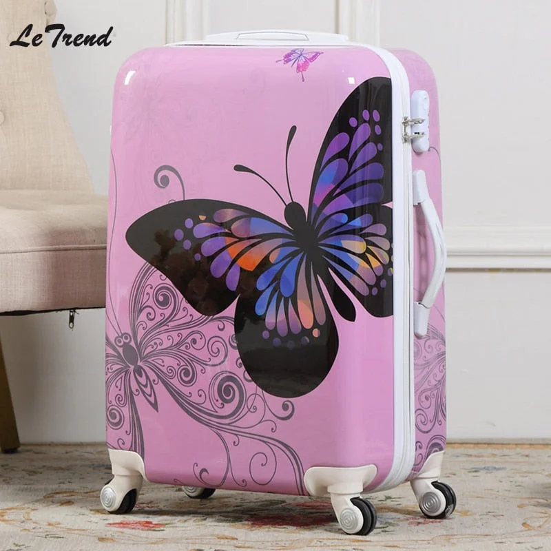 pink suitcase for fun vibes -Letrend New Fashion Butterfly Rolling Luggage Spinner Trolley Case Travel Bag 20 Inch Boarding