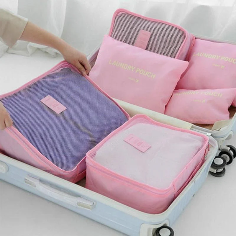 rolling suitcase for easy moving -6Pcs/Set Waterproof Travel Bag Set Portable Clothes Storage Bag Mesh Folding Luggage Organizer