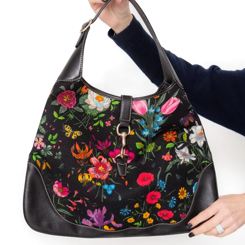 retro polka dot shoulder bag-Gucci Jackie Floral Canvas Shoulder Bag