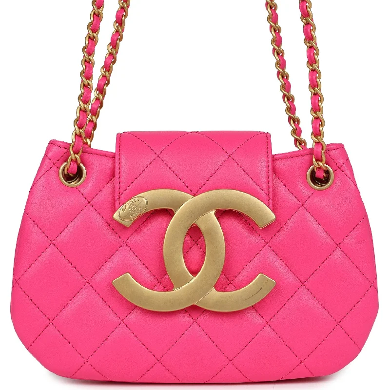 designer satin shoulder bag-Chanel CC Mini Shoulder Bag Fuchsia Lambskin Antique Gold Hardware